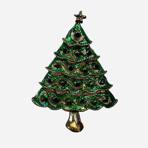 Vintage Christmas Tree Brooch Pin Green Gold Festive Holiday Hat Pin - Picture 1 of 3